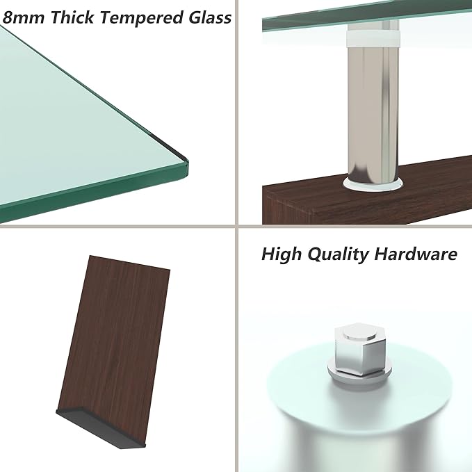 Glass Coffee Table for Living Room, Mordern Sofa Center Tables with Storage, Brown Metal Leg, Rectangle Tempered Glass Center Table Home Furniture-HomvellaHome
