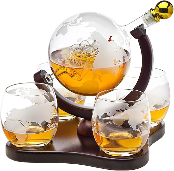 Godinger Whiskey Decanter Globe Set with 4 Etched Glasses for Liquor, Scotch, Bourbon, Vodka, Gifts for Men - 850ml Clear-HomvellaHome