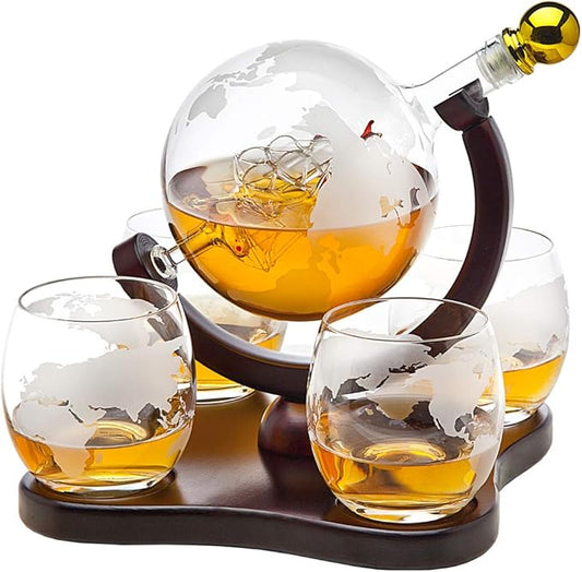 Godinger Whiskey Decanter Globe Set with 4 Etched Glasses for Liquor, Scotch, Bourbon, Vodka, Gifts for Men - 850ml Clear-HomvellaHome