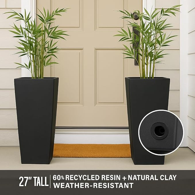 GreenShip 27" Tall Planters, Set of 2 – Black Outdoor Planter for Front Porch & Tall Plants, Weather-Resistant, with Drainage Hole & Rubber Plug (No Plants Included) (Black-2pcs)-HomvellaHome