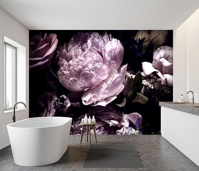 -Black Peony Purple Floral Botanical Fabric Wallpaper Living Room Bedroom Bathroom Dark Flowers Large Wall Mural- 137"x96"（ not Peel and Stick）