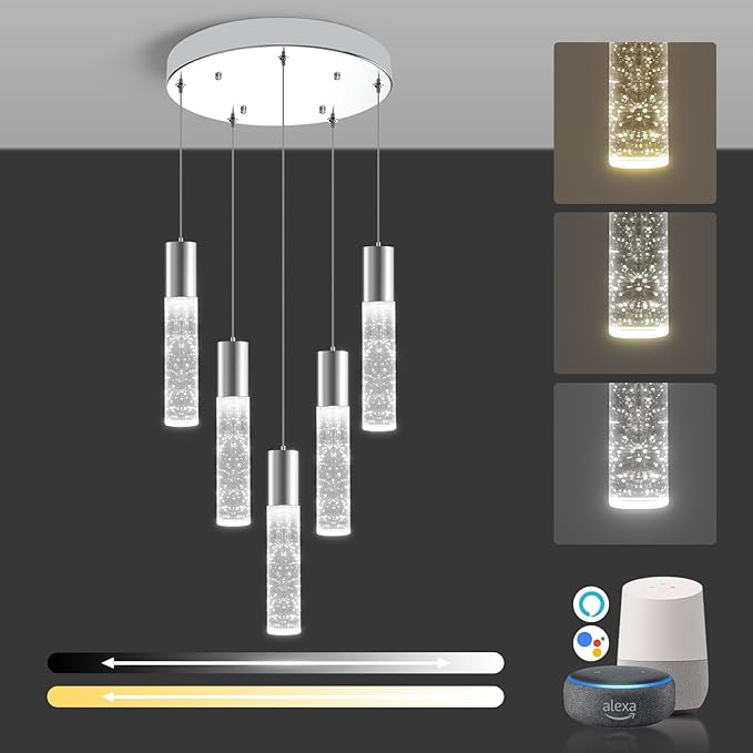 OKELI Smart Dimmable LED 5-Light Pendant Light for Kitchen Island, 18W 1350LM Modern Bubble Crystal Island Light Fixture with TUYA App & Voice Control, Adjustable 3000K-6000K, Electro-Chrome-HomvellaHome