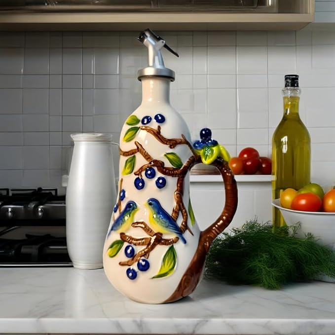 18.26oz/540ml Ceramics Olive Oil Dispenser Bottle,Hand Painted Reliefs Oil Dispenser for Kitchen,Oil Bottles for Kitchen (Blueberry)-HomvellaHome