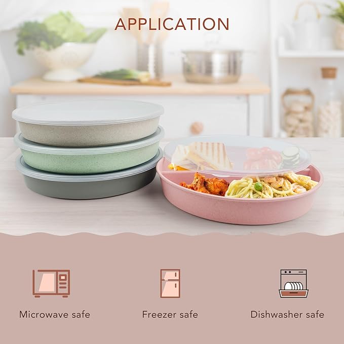 greenandlife 9 Inch 4PCS Divided Plates with Lids, Portion Control Plates for Kids Adults, Dishwasher Microwave Safe Compartment Plate, Unbreakable Lightweight Reusable Wheat Straw Plate Set, INS-HomvellaHome