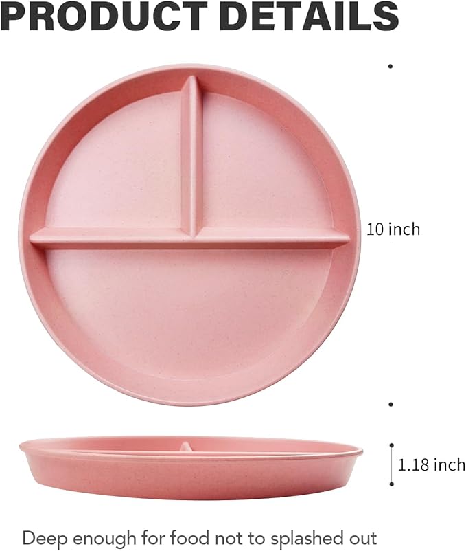 greenandlife 10 Inch 4PCS Unbreakable Portion Control Plates, Divided Plates for Kids Adults, Dishwasher & Microwave Safe Compartment Plate, Lightweight Reusable Wheat Straw Plate, BPA Free-HomvellaHome