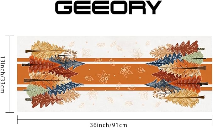 GEEORY Fall Watercolor Tree & Maple Leaves Striped Table Runner 13x36 Inch, Rustic Farmhouse Autumn Thanksgiving Decor for Kitchen, Dining, Indoor/Outdoor Holiday Dinner Party Orange GT157-36-HomvellaHome