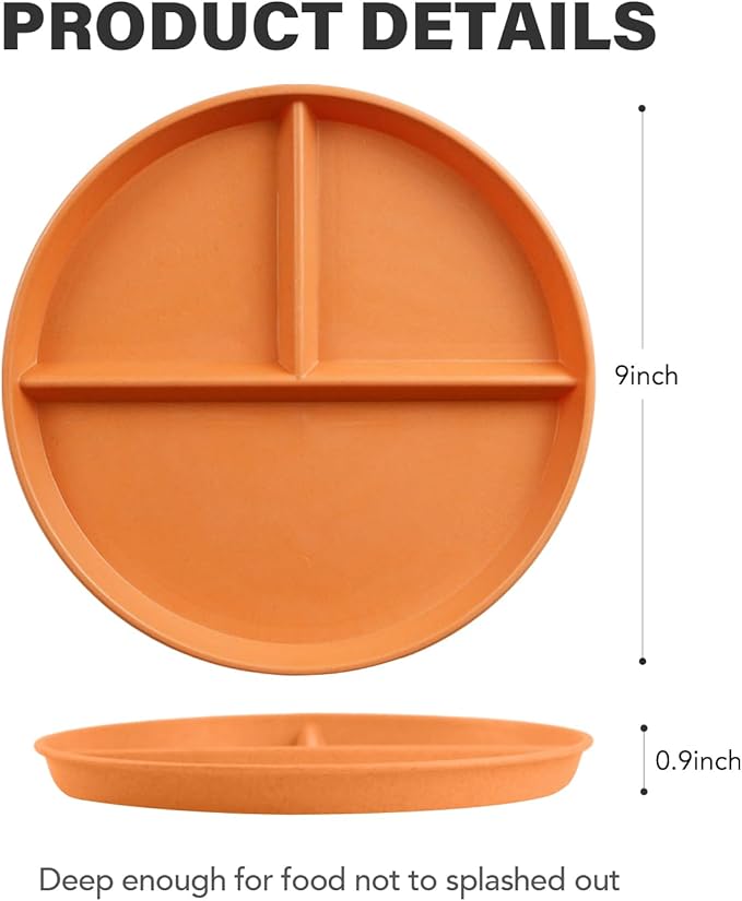 greenandlife 9 Inch 4PCS Unbreakable Portion Control Plates, Divided Plates for Kids Adults, Dishwasher & Microwave Safe Compartment Plate, Lightweight Reusable Wheat Straw Plate, BPA Free-HomvellaHome
