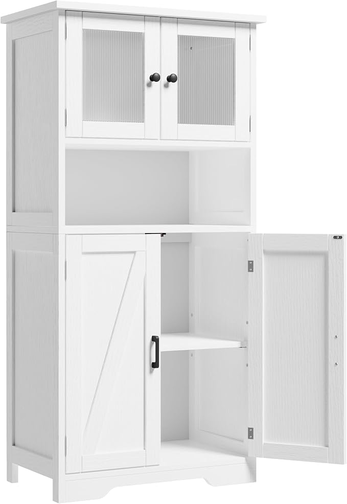 GarveeHome 54in Tall Bathroom Cabinet, Farmhouse Storage Cabinet with Glass Doors and Adjustable Shelves, Freestanding Kitchen Pantry Cabinets, Cupboard for Living Room, Dining Room, White-HomvellaHome