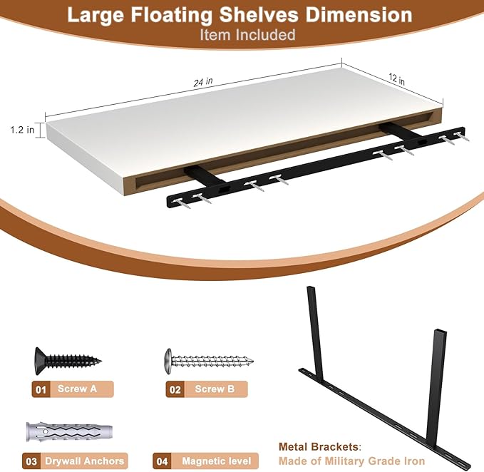 12 Inch Deep Floating Shelves for Wall 1 Pack White Floating Shelves Large Storage Space Wall Mount Shelf for Living Room Kitchen Bathroom 24" W x 12" D x 1.2" H White-HomvellaHome