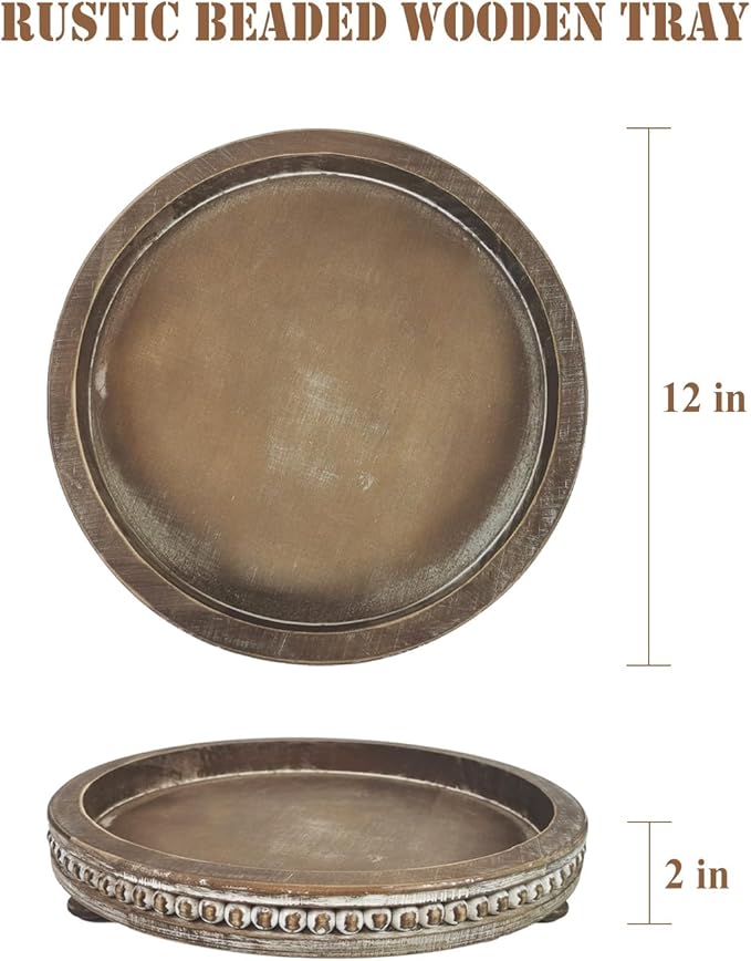 12 Inches Rustic Wooden Decorative Tray, Small Round Beaded Wood Tray for Kitchen Dinning Table Centerpiece Decor Entryway Living Room Home Decor, Brown-HomvellaHome