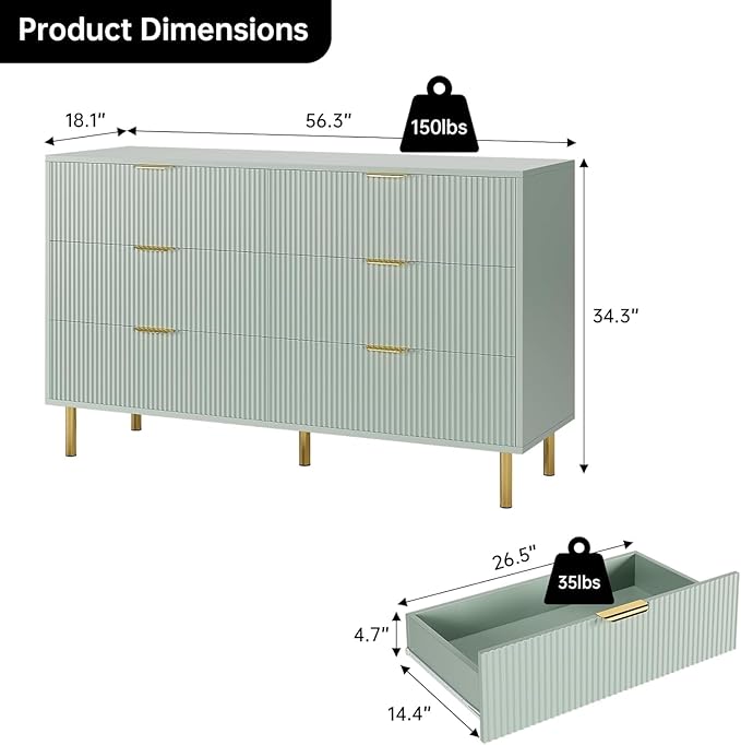 GAOMON 6 Drawer Dresser, Wood Chest of Drawers Organizer Storage with Gold Handle, Large Storage Cabinet, Modern Design Dresser for Bedroom, Living Room, Closet, Hallway, Entryway, Green-HomvellaHome