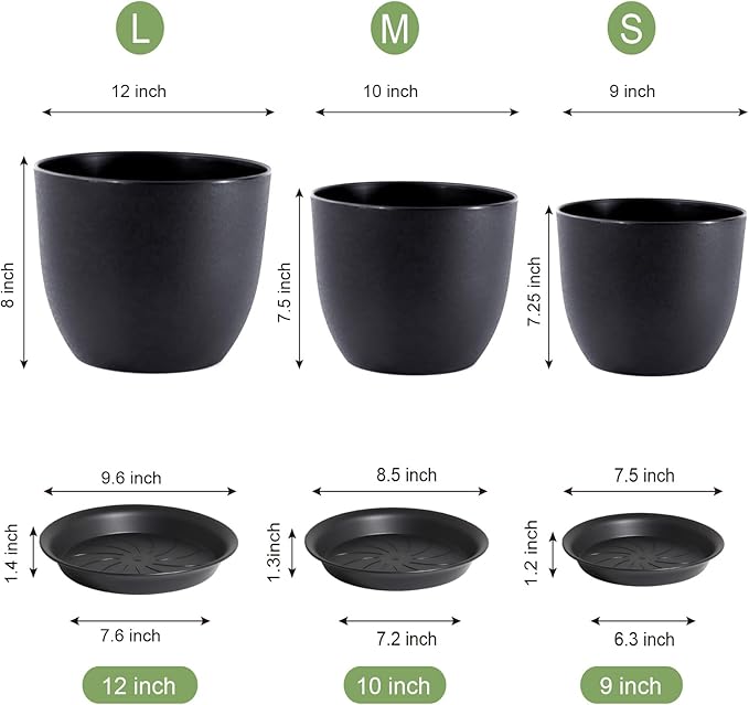 12/10/9 inch Big Flower Pots, 3 Pack Modern Decorative Plastic Planters with Drainage Holes and Tray, Plant Pots for Indoor Outdoor Plants, Black-HomvellaHome