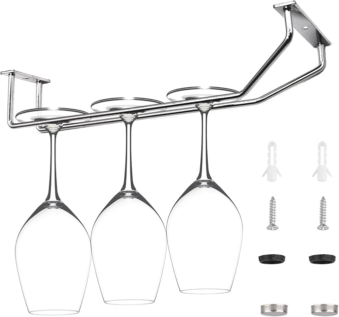 10.8 Inch Wine Glass Rack, Under Cabinet Wine Glass Holder, Wine Glass Hangers Under Shelf, Chrome Finish Stemware Rack, Hanging Stemware Holder for Cabinet Kitchen Bar, Set of 2-HomvellaHome