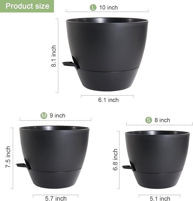 10/9/8 inch Medium Self Watering Pots, Plant Pots with Mesh Drainage Holes for Indoor Outdoor Garden Plants, Flower Pots with Removable Deep Reservoir, Set of 3 Plastic Planters, Black-HomvellaHome