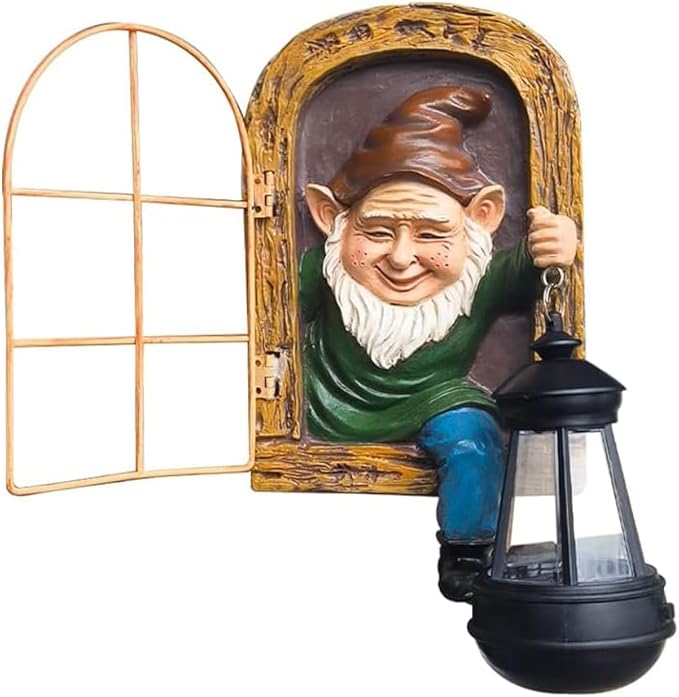 Garden Gnome Decor Outdoor Statue - Gnome With Solar Waterproof Lantern, Whimsical Elf Out The Door Tree Hugger Garden Statues, Home, Fence, Patio, Resin Ornament, Gardening Gift Tree Faces Gnomes-HomvellaHome