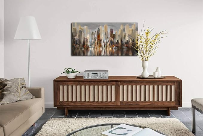 Framed Wall Art Large Cityscape New York Wall Decor Canvas Prints Abstract Brown City Theme Paintings Modern Canvas Wall Art for Living Room Bedroom Big Size 24x48 Framed-HomvellaHome