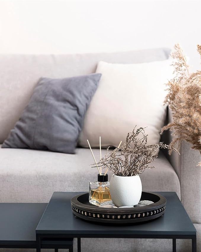 12 Inches Rustic Wooden Decorative Tray, Small Round Beaded Wood Tray for Kitchen Dinning Table Centerpiece Decor Entryway Living Room Home Decor, Black-HomvellaHome