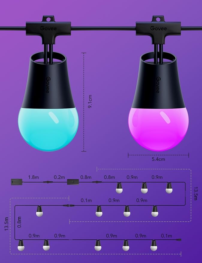 Govee Smart Outdoor String Lights 2, 96ft RGBIC Outdoor Lights with Dimmable Warm White LED Bulbs, 47 Scene Modes for Patio, Backyard, IP65 Waterproof, Works with Alexa, App Control-HomvellaHome