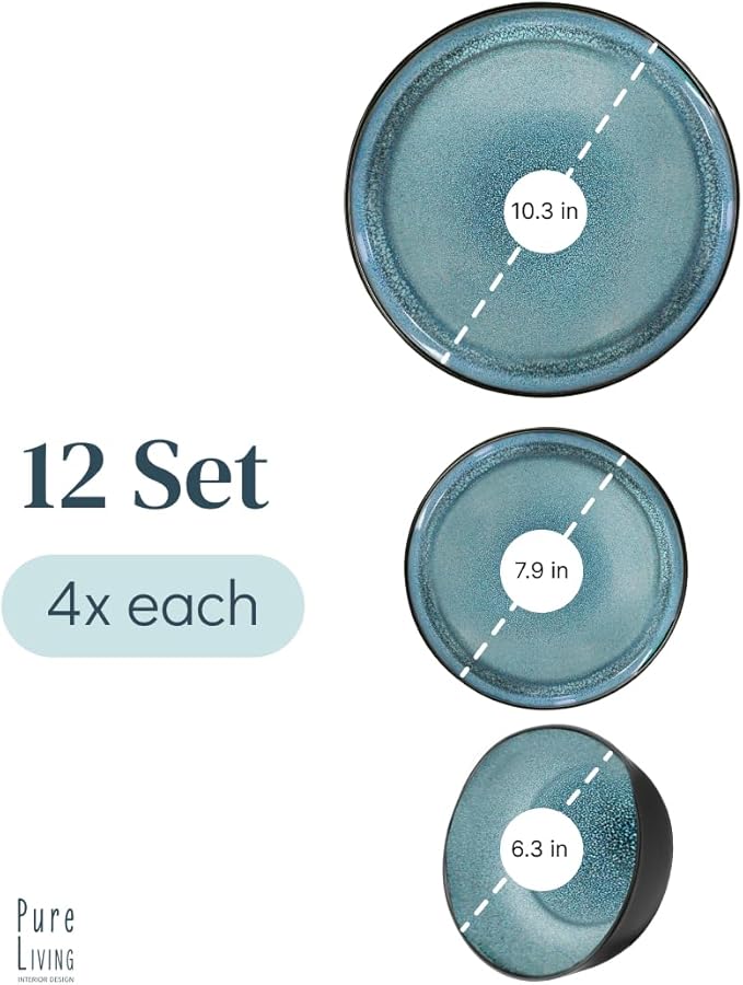 12 Piece Dinnerware Sets for 4 - Modern Style Stoneware Dinnerware Set - Scratch Resistant, Dishwasher Safe Plates and Bowls Sets Ceramic, Dish Set, Bowl and Plate Set - Black and Petrol Blue…-HomvellaHome
