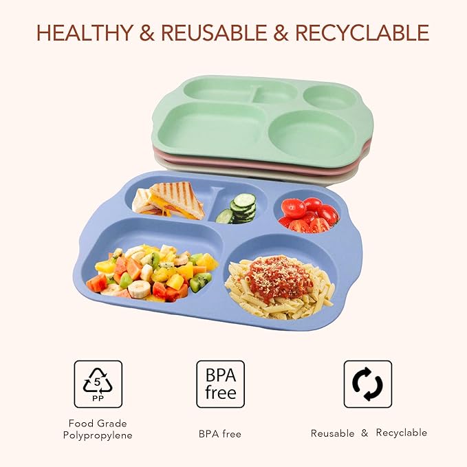 greenandlife 12 Inch (4PCS) Large Unbreakable Divided Plates for Kids Adults, Dishwasher & Microwave Safe Plate, Lightweight Reusable Plastic Compartment Plates, BPA Free and Healthy-HomvellaHome