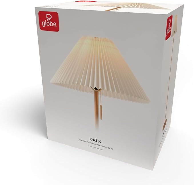 GLOBE Electric 61000053 62" Floor Lamp, Wood-Toned Finish, Pleated Fabric Shade, Pull Chain Switch, Reading Light, E26 Base, Modern Classic Lighting for Living Rooms and Bedrooms-HomvellaHome