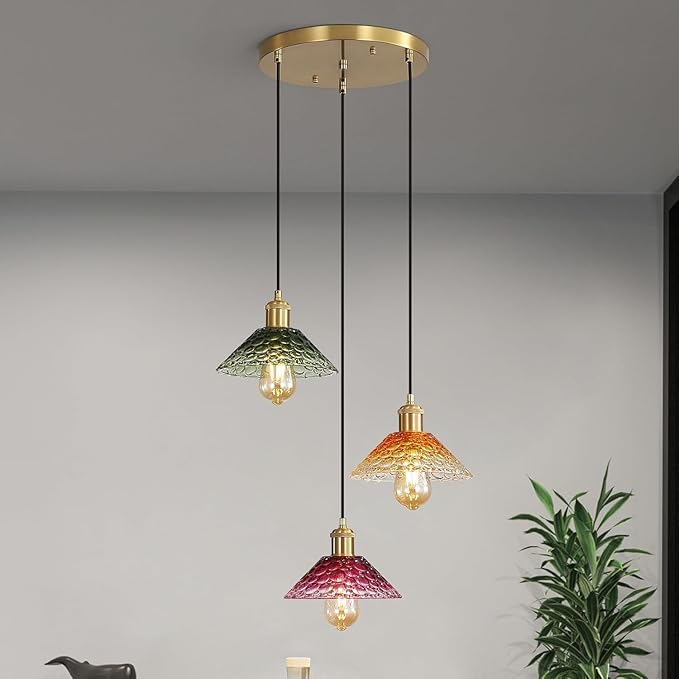 Glass Ceiling Chandelier,3-Light Colorful Hanging Pendant Light,Mid Century Modern Glass Pendant Light Fixture for Dining Room, Hallway, Living Room,Farmhouse,Kitchen Island-HomvellaHome