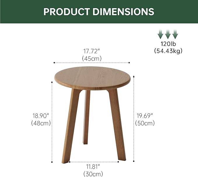 100% Solid Oak Round Side Table, Small Bedside Table for Small Spaces, Living Room End Table with Stable Frame for Bedroom Couch, (Natural, 17.71" D x 19.68" H)-HomvellaHome