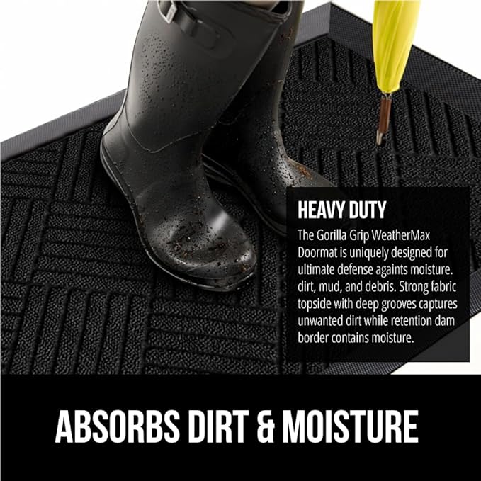 GORILLA GRIP 100% Waterproof All-Season WeatherMax Doormat US Designed Natural Rubber, Stain and Fade Resistant, Low Profile Indoor Outdoor Door Mats, Easy Clean Patio Mat, 17x29, Black Diamond-HomvellaHome