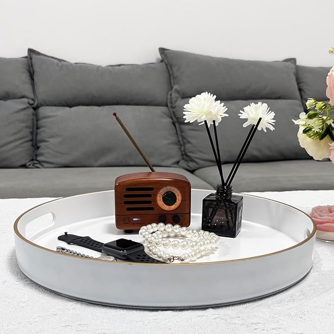 13" Round Decorative Tray, White Serving Tray with Handles, Plastic Coffee Table Tray for Ottoman, Living Room, Bathroom, Décor.-HomvellaHome