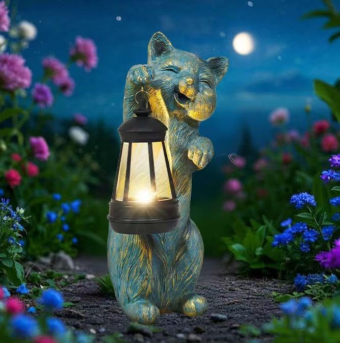 Garden Statues Cat with Solar Lantern Outdoor Bunny Figurines Decorations for Patio Yard Lawn Ornaments Gifts for Birthday Easter Housewarming Mother's Day-HomvellaHome