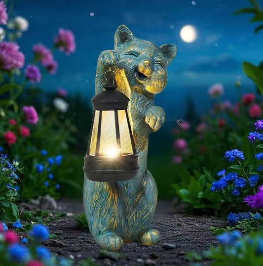 Garden Statues Cat with Solar Lantern Outdoor Bunny Figurines Decorations for Patio Yard Lawn Ornaments Gifts for Birthday Easter Housewarming Mother's Day-HomvellaHome