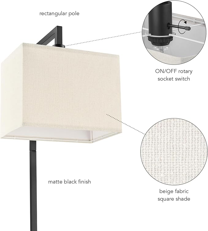 Globe Electric 61000052 60" Floor Lamp, Matte Black, Square White Fabric Shade, On/Off Rotary Switch on Socket, Square Rod, Reading Lamp, Home Office Accessories, Home Décor, Home Improvement-HomvellaHome
