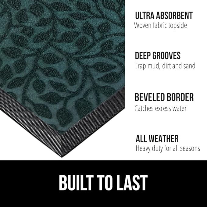 GORILLA GRIP 100% Waterproof All-Season WeatherMax Doormat, US Designed Natural Rubber, Stain and Fade Resistant, Low Profile Indoor Outdoor Door Mats, Easy Clean Patio Mat, 17x29, Moss Vine Leaves-HomvellaHome