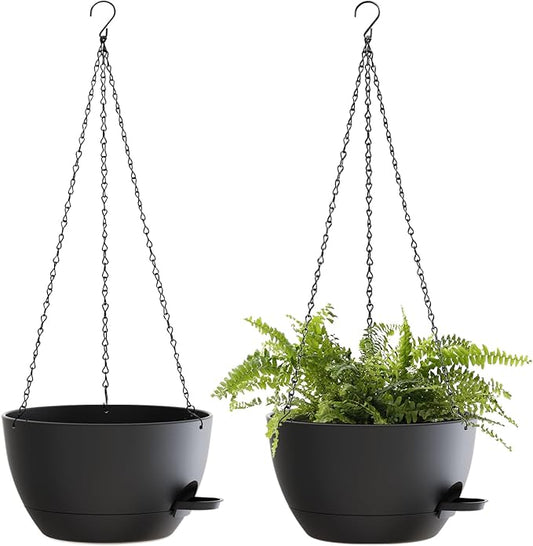 12 Inch Hanging Baskets 2 PC with Chains, Self-Watering Hanging Planters for Indoor Outdoor Plants, Plastic Hanging Flower Pots,Black-HomvellaHome
