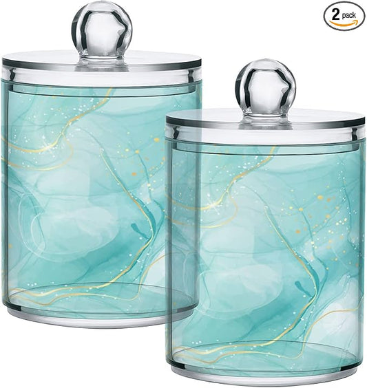 2 Pack Qtip Holder Dispenser Turquoise Marble Bathroom Storage Canister Lid Acrylic Plastic Apothecary Jar Set Vanity Makeup Organizer for Cotton Swabs/Pads/Floss-HomvellaHome