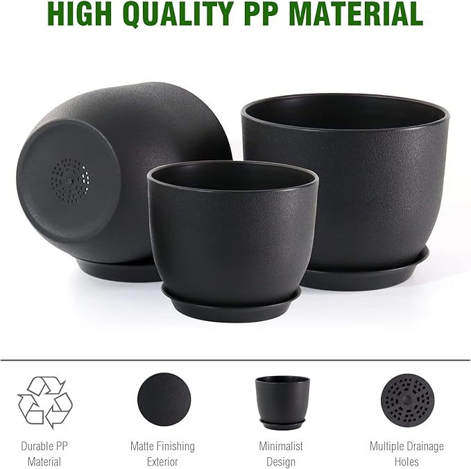 10/9/8 inch Medium Plant Pots, 3 Pack Modern Decorative Plastic Planters with Drainage Holes and Saucers, Flower Pots for Indoor Outdoor Plants, Black-HomvellaHome