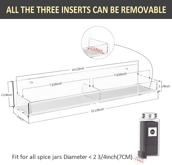 15 Inch Acrylic Spice Rack Wall Organizer Set of 3, Clear Acrylic Wall Shelf for Home Organizer, Floating Shelf for Bottle Display, Jars, Spice, Wine, Books, Toiletries-HomvellaHome