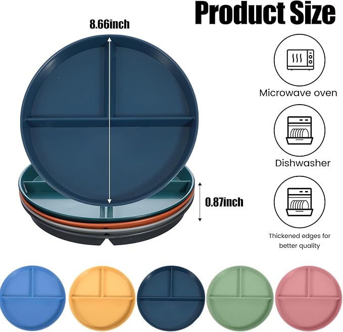 10 Pcs Unbreakable Divided Plates for Kids Adults, 9 Inch Round Portion Control Plate, 3 Compartment Plates with Dividers, Lightweight Reusable Dinnerware Portion Control Plastic, Dishwasher Safe-HomvellaHome