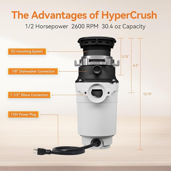 Garbage Disposal, TECASA 1/2 HP Pro Food Waste Coutinuous Feed, Garbage Disposals with Stopper Power Cord, Stainless Steel Grinding System for Kitchen Sink - HyperCrush 50 PRO-HomvellaHome