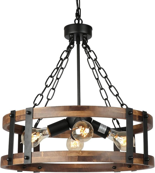 Farmhouse Rustic Wood Chandelier, 4-Light Industrial Drum Chandelier for Dining Room Vintage Pendant Hanging Light Fixture with Black Metal Accent for Kitchen Living Room Dining Area