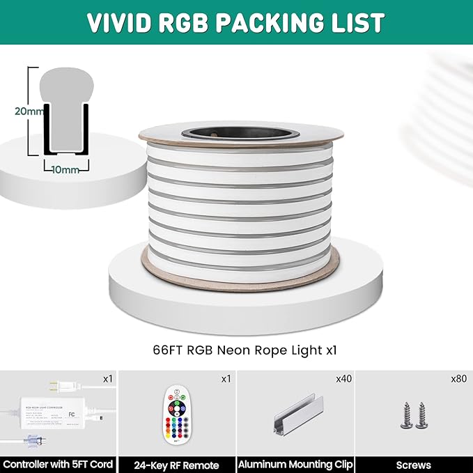 GZBtech RGB LED Neon Rope Lights 66FT/20M, AC 110-120V Waterproof Color Changing LED Rope with Remote Controller, Dimmable Multi Color Neon Rope Lighting for Indoor Outdoor Commercial Use-HomvellaHome