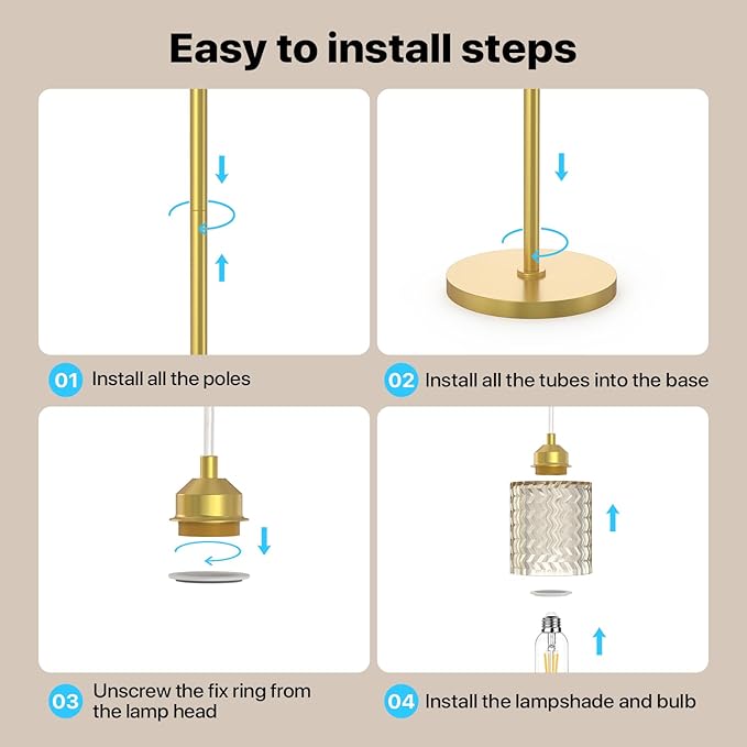 Gold Floor Lamp for Living Room Bedroom, 3-Light Vintage Standing Lamp Stained Glass, Mid Century Modern Tall Floor Lights, Amber Glass Shade with Golden Base-HomvellaHome