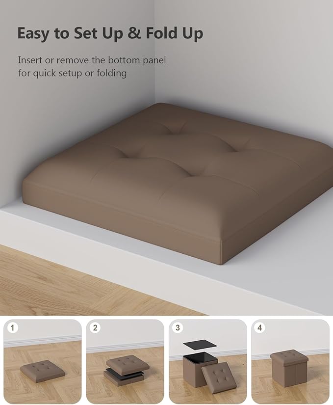 15 Inches Small Folding Storage Ottoman Cube, Storage Footrest, Foot Rest Stool, for Living Room, Bedroom, Dorm, Hallway, Entryway, Brown-HomvellaHome