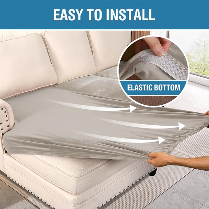 H.VERSAILTEX Velvet Stretch 3-Piece L Shape Sectional Couch Covers (Large 2 Seater + 1 Chaise, Oatmeal)-HomvellaHome