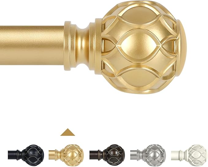 Gold Adjustable Curtain Rods for Windows:66-120 Inch Farmhouse Heavy Duty Curtain Rod for Bedroom Living Room,Boho Decorative Rustic Drapery Rods with Vintage Coastal Texture Finial,Brass Gold-HomvellaHome