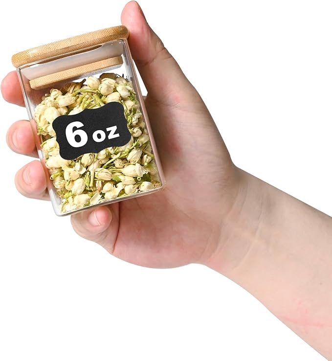Glass Food Storage Jars Square 6oz, 16 Pack Glass Jars With Bamboo Lids, Kitchen Storage Containers For Spice, Candy, Cookie, Storage For Pantry Organizers-HomvellaHome