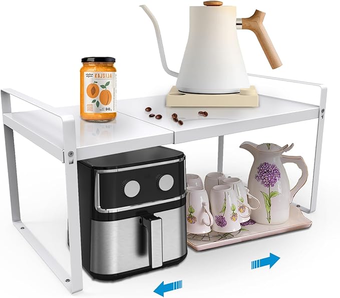 11'' Wide Expandable Cabinet Shelf Organizer Rack Adjustable Length 14''-26'' Pantry Shelf Spice Rack Heavy Duty Nonslip Kitchen Counter Storage Shelves Pantry Cupboard Under Sink Countertop White-HomvellaHome