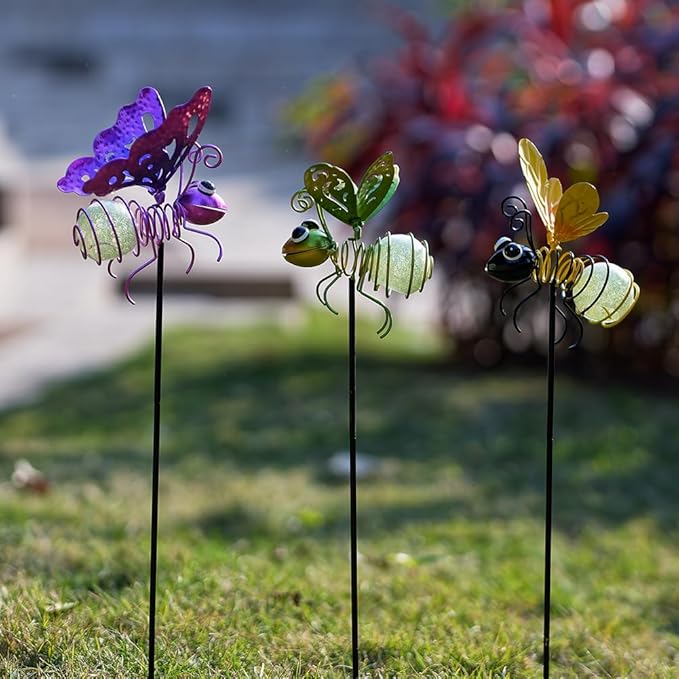 Garden Decor for Outside,3 Pcs Luminous Insect Garden Decorative Stakes,Glow in The Dark Bee Lights Metal Yard Art,Waterproof Outdoor Spring Lawn Patio Pathway Decoration for Mom,Women,Grandma-HomvellaHome