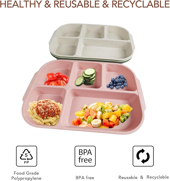 greenandlife 10.8 Inch 4PCS Divided Plates for Kids Adults, Portion Control Plates, Dishwasher & Microwave Safe Compartment Plate, Unbreakable Lightweight Reusable Wheat Straw Plates, INS-HomvellaHome