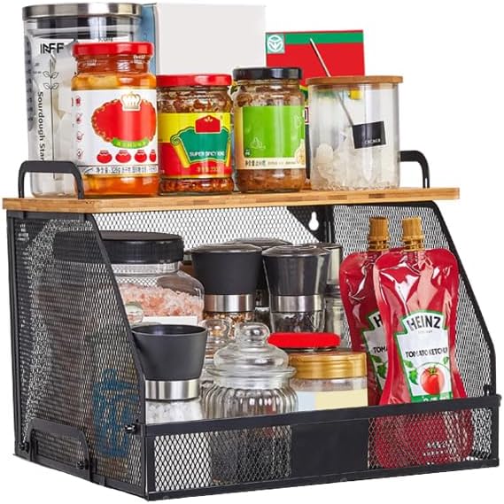 1 SET Large fruit basket for kitchen counter-stackable basket with Bamboo Tops & Tag,hanging wall baske,for Cabinet Shelf Countertop pantry storaget, onion potato Vegs Bread Food Organizing Bin,BLACK-HomvellaHome